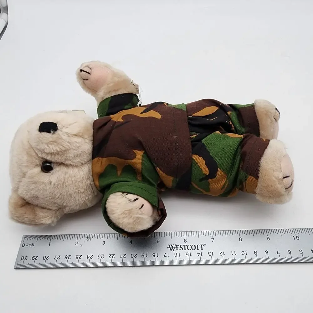 US Army Teddy Bear Plush Stuffed Animal Tan Jointed Camo Uniform Vintage Elgate